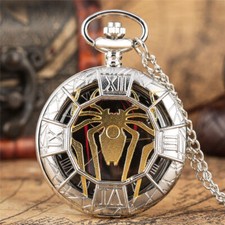 Silver Hollow Out Spider Unisex Quartz Pocket Watch Necklace Chain Roman Number