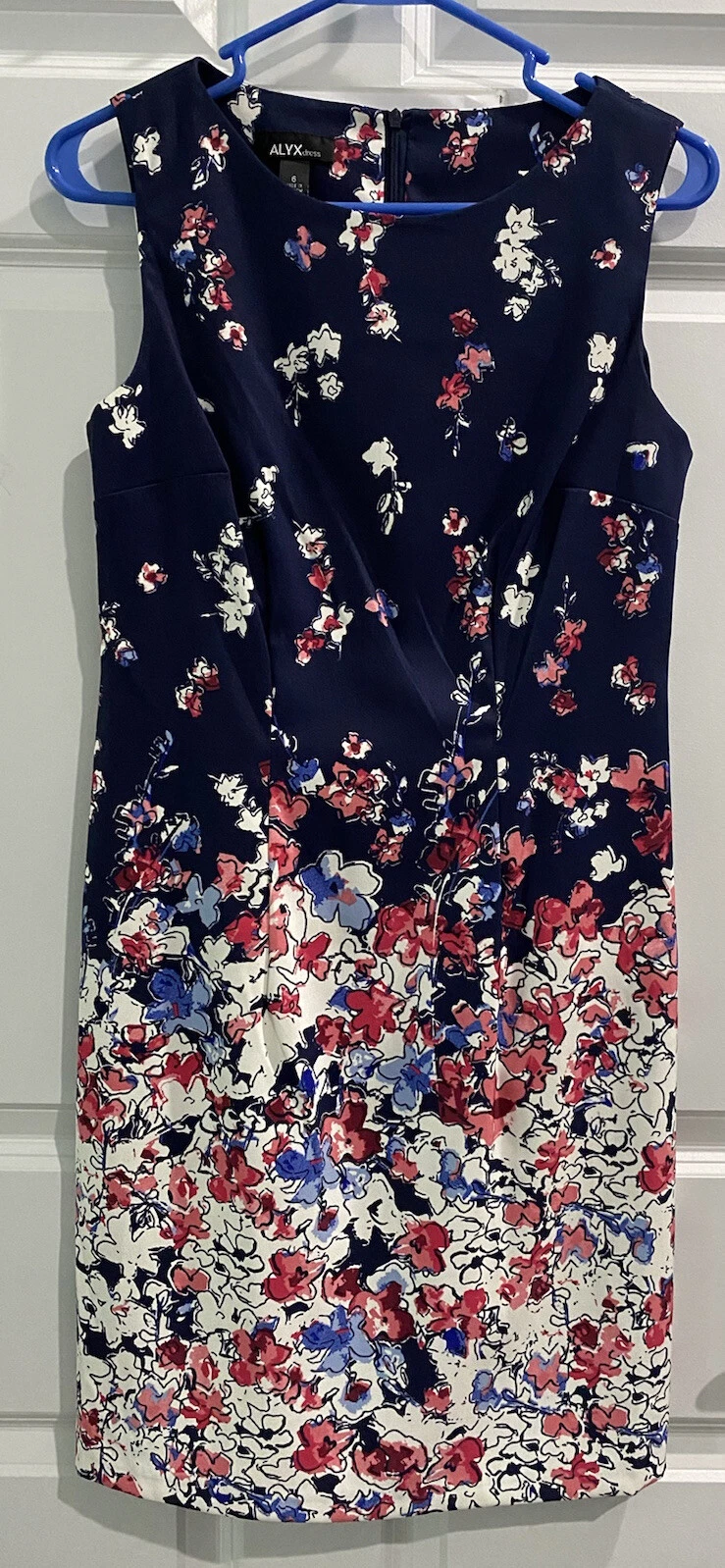Abito ALYX Navy floreale lunghezza ginocchio taglia 6 acquerello fiori preppy ospite matrimonio