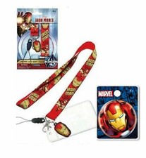 Iron Man Lanyard Lot  ID Holder Face Charm Marvel Comics  FREE Button Pin