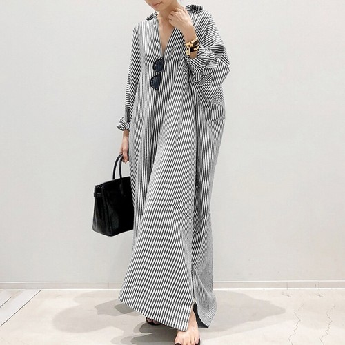 Women Long Sleeve Button Down Shirt Dress Striped Lapel Casual Maxi Dress - Bild 7 von 13