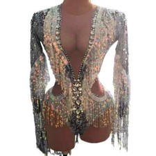 Women Sparkly Rhinestones Sequin Fringes Bodysuit Singer Costume Show Stage Wear