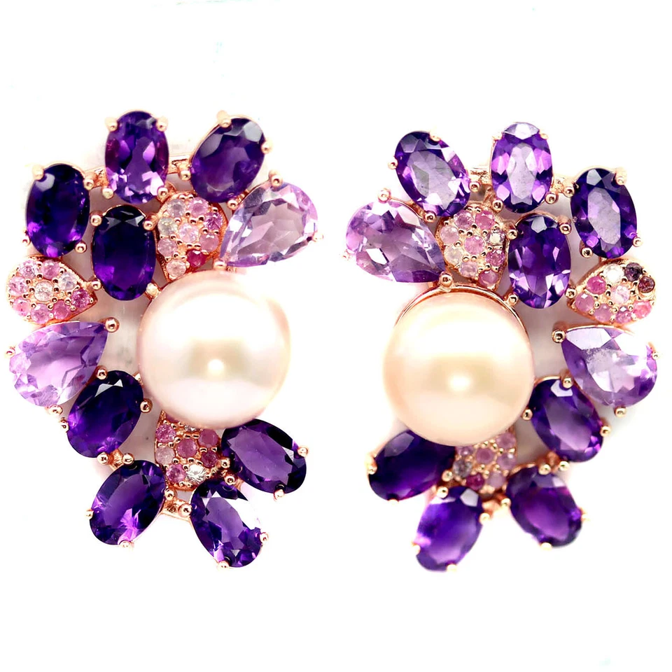 925 Sterling Silber 10 MM. Weiße Perle, Lila Amethyst & Rosa Saphir Ohrringe - Bild 1 von 4