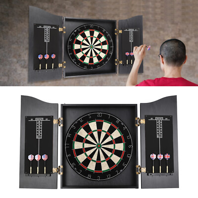 BLACK WALL-MOUNTED WOODEN DARTBOARD W/ CABINET&DART FOR UNISEX-ADULT BOARDS SET 