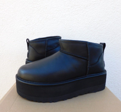 UGG BLACK LEATHER CLASSIC ULTRA MINI 2'' PLATFORM ANKLE BOOTS, US 7/ EUR 38 ~NIB