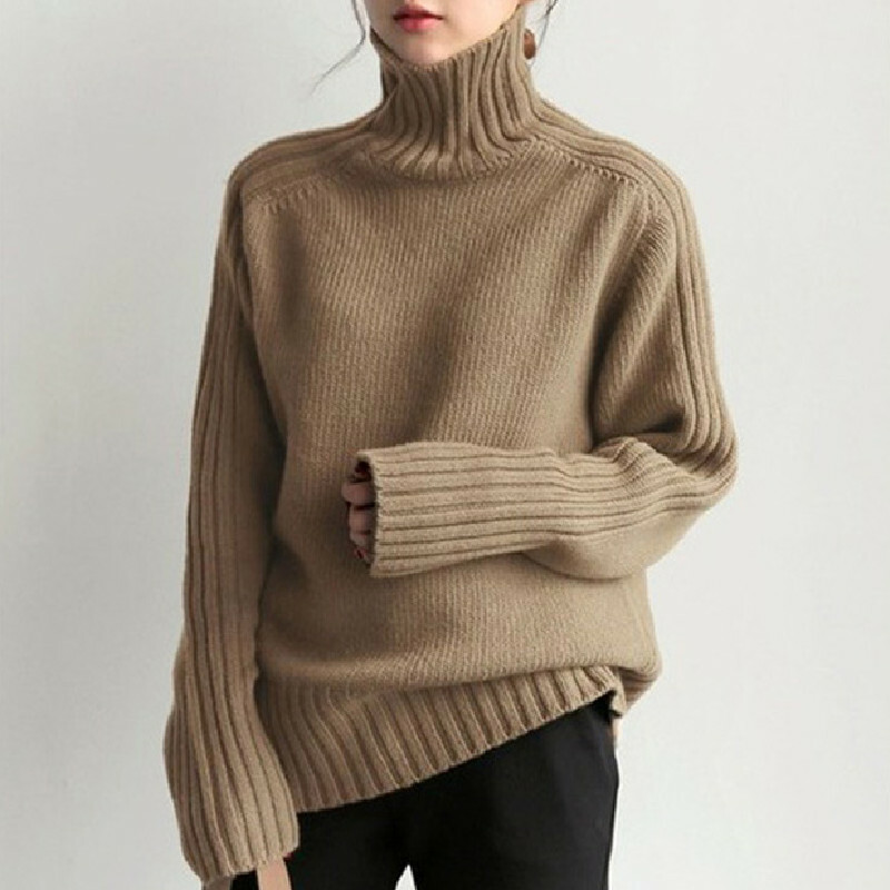 Women Korean Fashion High Neck Knitted Jumpers Casual Loose Pullover Sweater Top