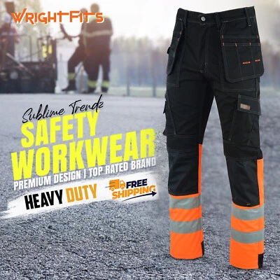 WrightFits Hi Vis Work Trousers Mens Heavy Duty Combat Hi Viz Workwear Trouser.