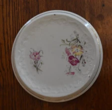 ANTIQUE PRE-1891 ROUND PORCELAIN 6.5" TRIVET HOT PLATE TEA TILE  FLORAL MOTIF