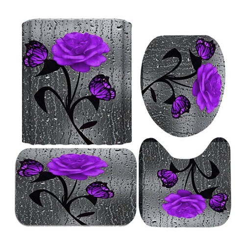 Retro Butterfly Rose Shower Curtain Bathroom Rug Set Bath Mat Toilet Lid Cover. - Picture 14 of 16