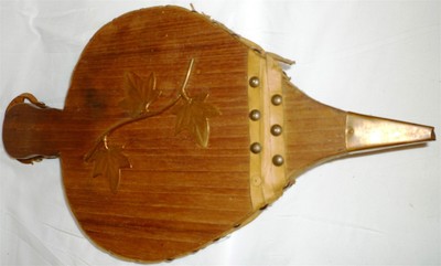 FIREPLACE WOOD BELLOW OAK WOOD LEATHER BRASS TRIM MAPLE LEAVES