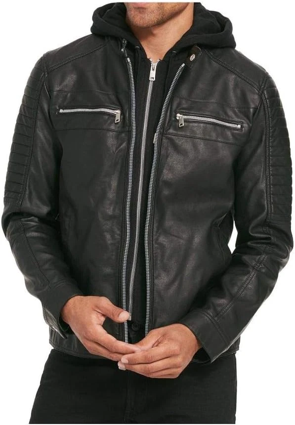 Men's Hooded Leather Jacket Black Genuine Lambskin Biker Motorcycle Jacket