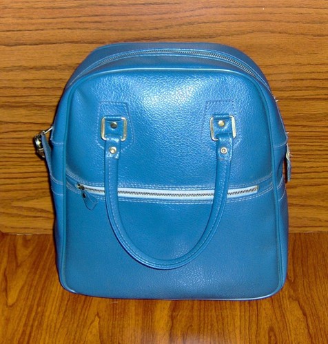 VINTAGE 1960's-70's - SEARS - "TEAL BLUE VINYL - TRAVEL CARRY-ON HANDBAG" - C7+