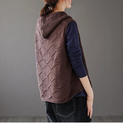 Womens Pullover Hooded Vest Warm Knit Top Waistcoat Jumper Sweater Sleeveless - Picture 4 of 10