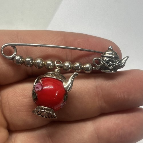BCS Brown County Silver Safety Pin Brooch Tea Pot STERLING SILVER MURANO? - Picture 3 of 3