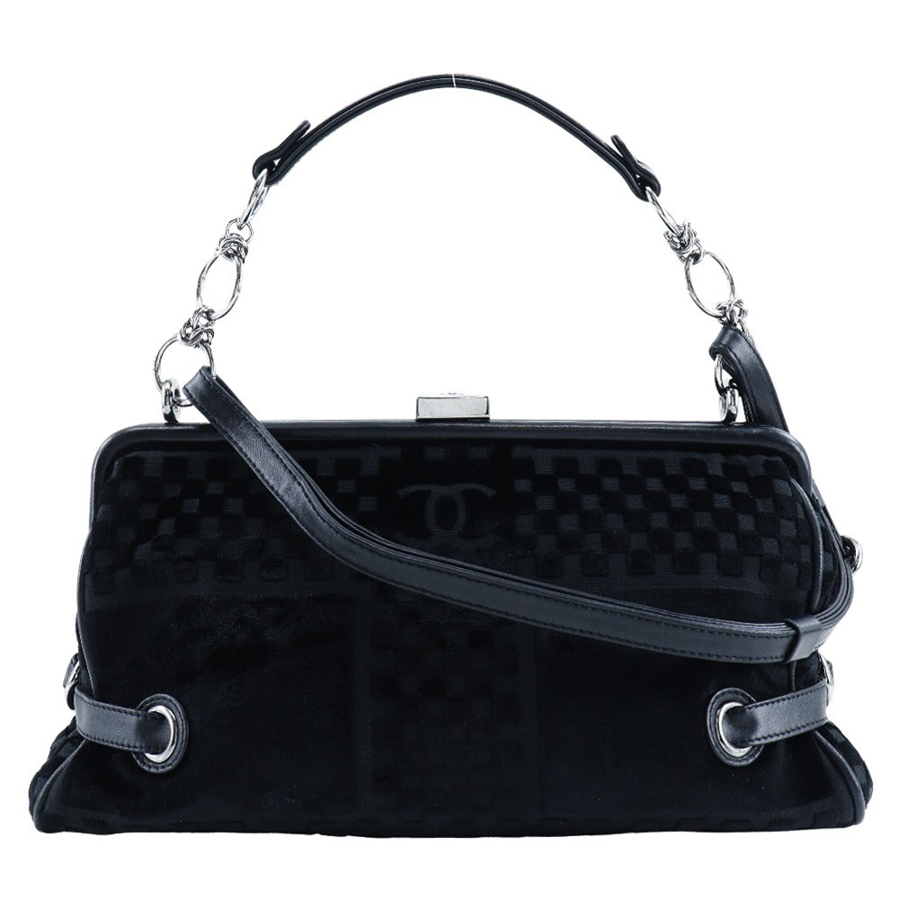 CHANEL Black Velvet Kiss Lock Shoulder Bag with Chain Strap