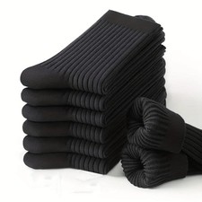 6 Pairs of Men's Pure Color Vertical Pattern Mid-Calf Socks, Versatile Black Soc