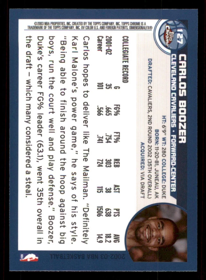 2002-03 Topps Chrome #127 Carlos Boozer RC - Image 2 of 2