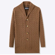Men's Shawl Collar Cardigan - Chunky Knit Button Up Mid-Length Coat UK