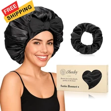 Obeoby Double-Layer Satin Silk Sleep Bonnet for Women with Adjustable black 