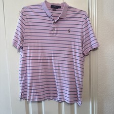 Polo Ralph Lauren Large Polo Shirt Pink Blue Striped Classic Fit Short Sleeve