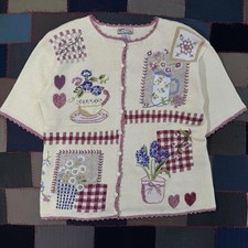 Vintage 90s Cottage Core Heirloom Collectibles Floral Patchwork Knit Cardigan