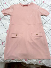 ZARA Pink Solid Shift Dress Round Neck Short Sleeve Gold Button Pockets Size S