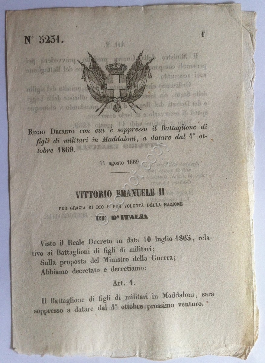 Regio Decreto 5231 Soppressione Battaglione di figli di militari in Maddaloni