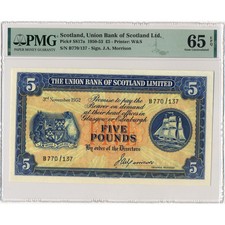 SCOTLAND P.S817a SC913a 1952 Union Bank of Scotland �5 Gem UNC 65 EPQ