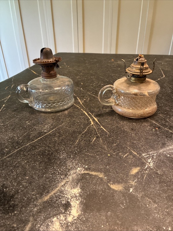 2 Vintage Original Kerosene Glass Font Lamps