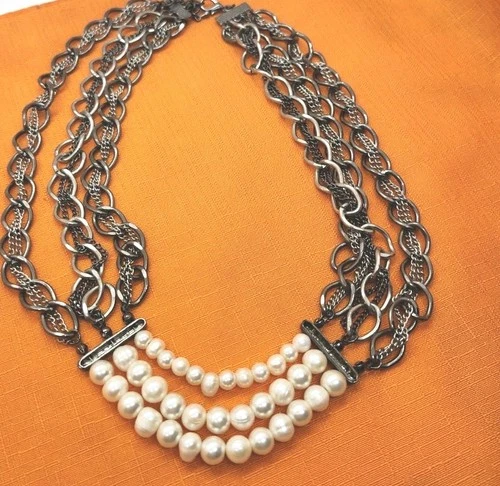 Vintage Pearl And Steel Chain Necklace Multi Strand Beaded Costume Jewelry VTG