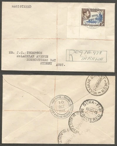 Gilbert and Ellice Islands 1945 Registered Cover Tarawa to Australia via Fiji