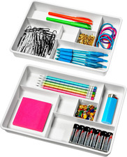 Plastic Drawer Organizer Set, 6 Compartments, Multipurpose Storage Bins, White