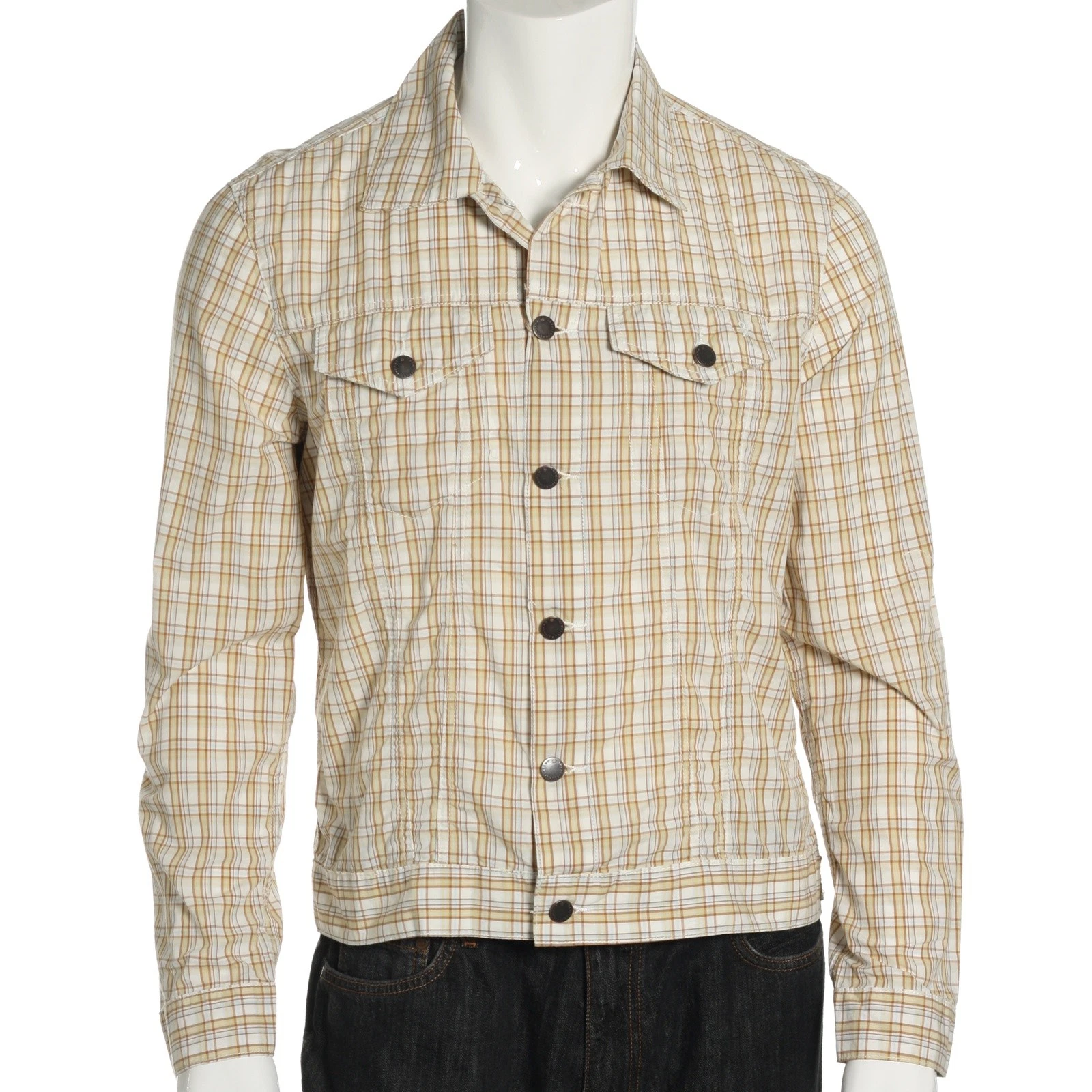 24 Standard Mens Trucker Jacket M Yellow Plaid 100% Cotton Button Front Casual