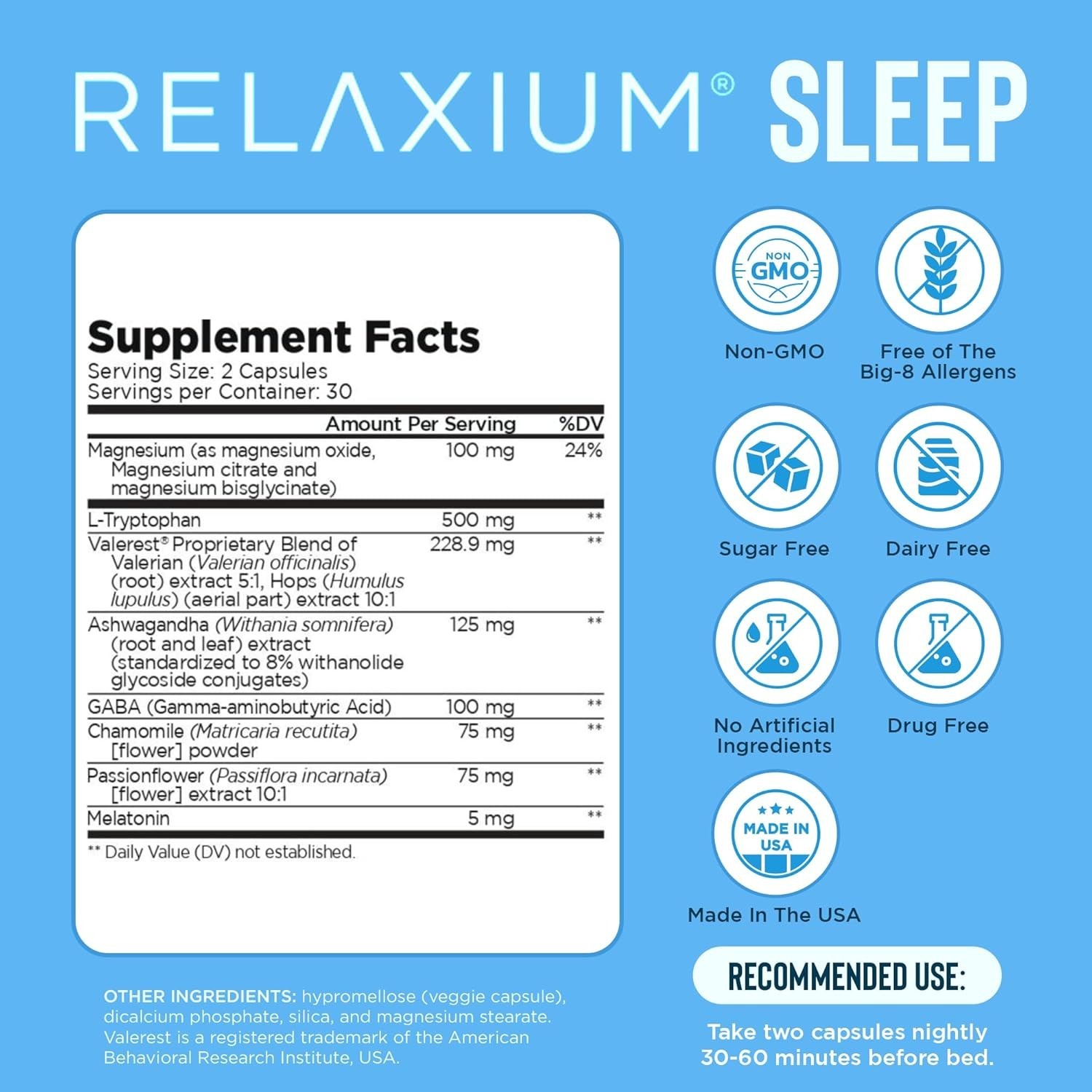 Relaxium® Sleep Support - 60 Capsules, 30 Servings (2 Pack)