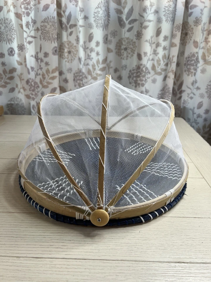 圆形编织托盘蓝色和白色网格食物圆顶竹圈 16 英寸直径野餐 — 第 4/4 张图片