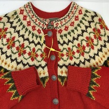 VTG Norwegian Alpine Wool Cardigan Fair Isle Ski Lodge Hand Knit Pewter Buttons