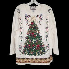 Vintage 90s Tiara International Cream Ugly Christmas Tree Beaded Sweater XL