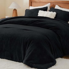 BEDELITE Faux Fur Fleece Queen Comforter Set Fluffy Warm Black Comforter Q...