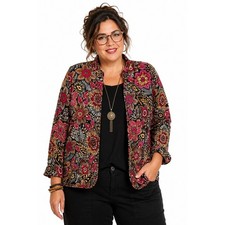 Alfred Dunner Floral Open Front Jacket Magenta Gold Cotton Size 14