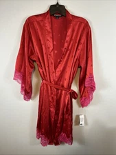S INC Robe Short Red Hearts Pockets Lace Trim Belted NWT Kimono Style Satin
