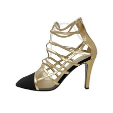 Chanel Black Gold Strappy Heels CC Cap Toe Sandals Pumps Size 42