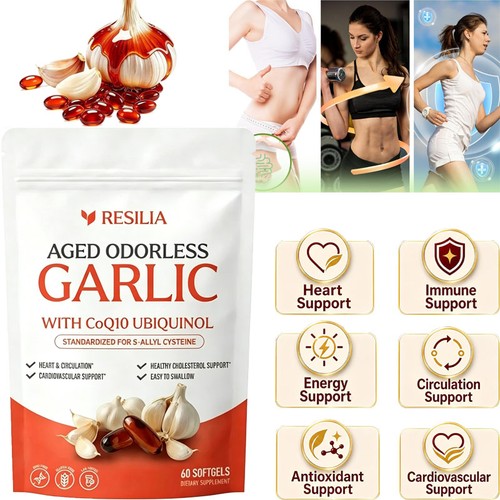 Resilia Garlic Extract 600mg Softgels (60 Softgels) Odorless Aged ...