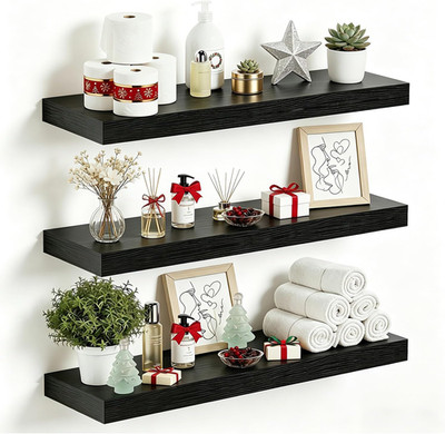Set of 3 Black Solid Wood Floating Wall Shelves for Home Decor