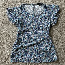 Women's Blue Floral Print Short Sleeve Blouse, Ruffle Sleeves, Size Small