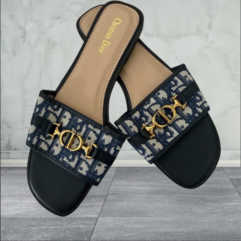 Christian Dior　サンダル　38.5 CHRISTIAN DIOR BLUE CANVAS SLIDE SANDALS w/ CD LOGO LEATHER