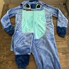 Disney Stitch Women's Medium Plush Pajamas Hooded One Piece Blue Costume