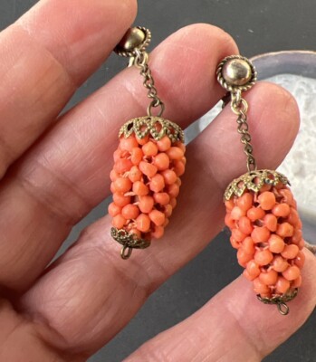 Antique Chinese Genuine Seed Coral Dangle Pierced Ears Earrings