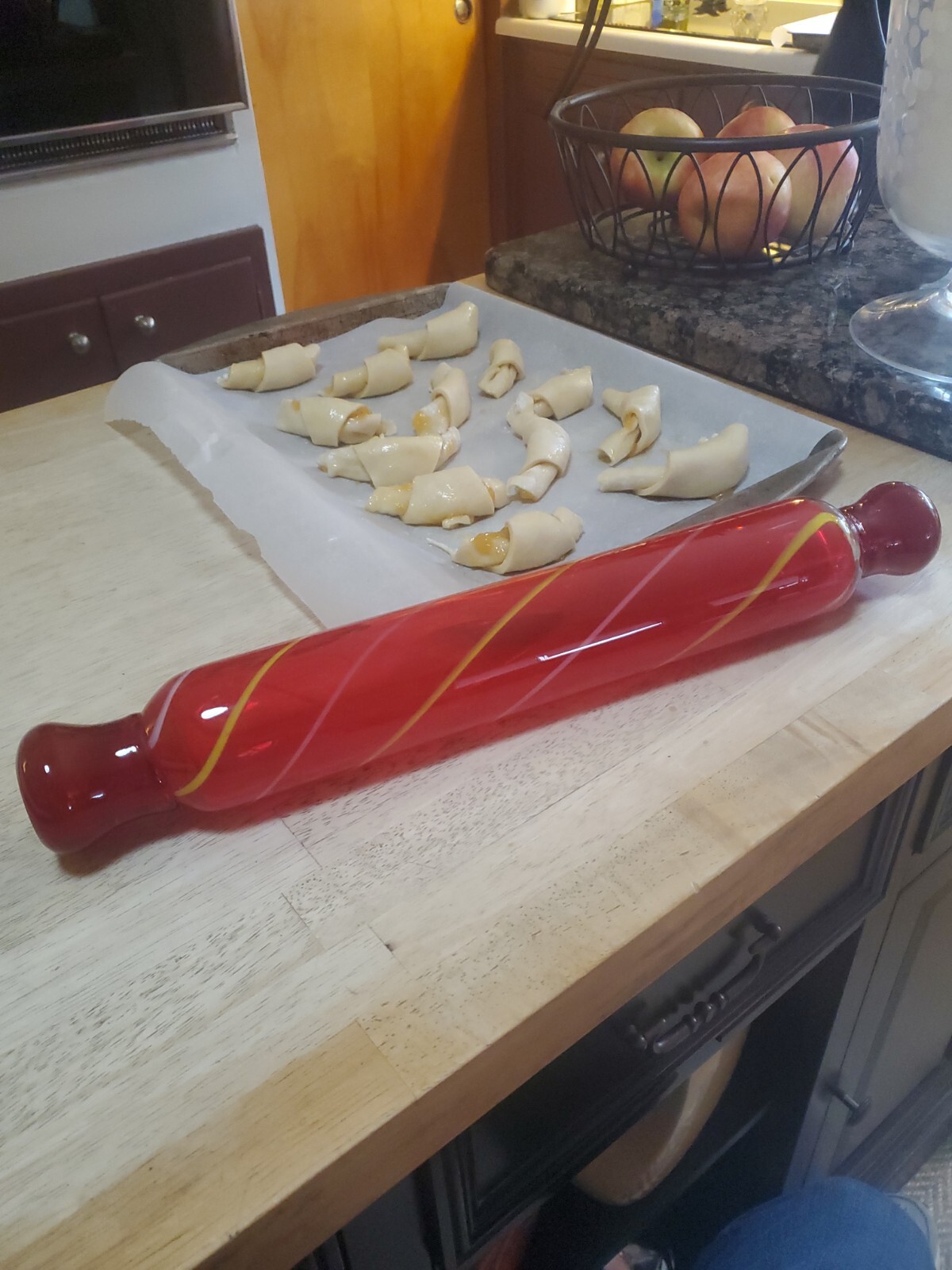 Hand Blown Glass Rolling Pin Red & White,Yellow Stripes Candy Cane