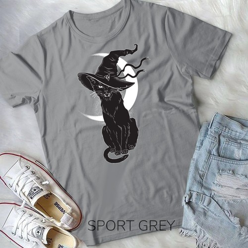 Scary Halloween Black Cat Costume Witch Hat & Moon Unisex T-shirt - Picture 10 of 12
