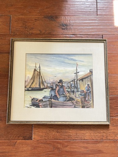 Vintage nautische Meereslandschaft signiert Warshow Aquarell Gemälde Segelboote Hafen Dock - Bild 4 von 14