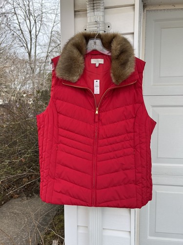 NWT Talbots Pretty Red Optional Faux Fur Collar Down Puffer Vest 1X 14W 16W